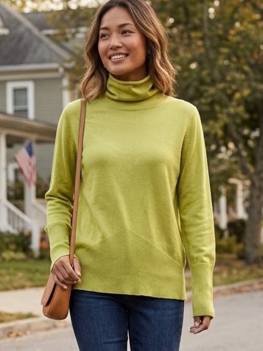 J. Jill Silk Blend High Neck Turtleneck Sweater Chartreuse Green Large